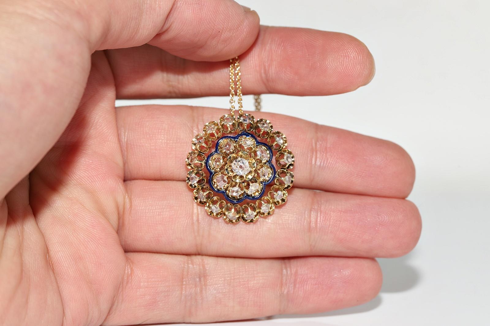 Women's Antique Circa 1900s 18k Gold Natural Diamond And Enamel Pendant Necklace For Sale