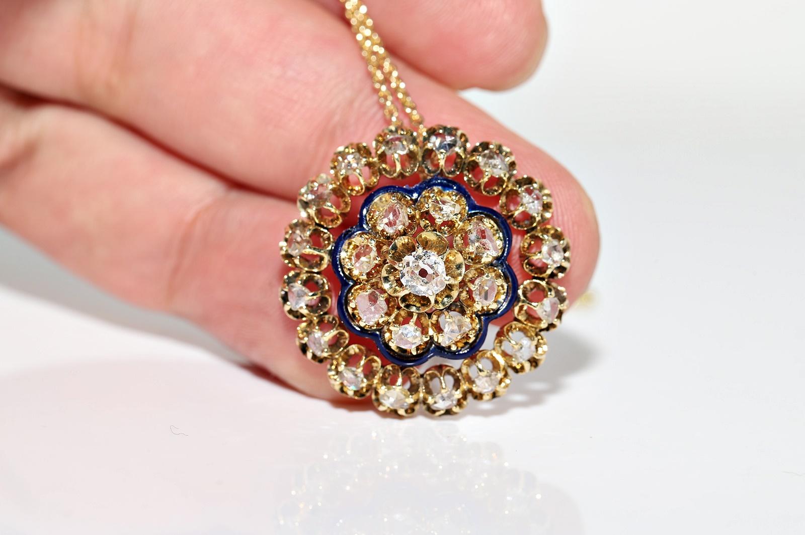 Antique Circa 1900s 18k Gold Natural Diamond And Enamel Pendant Necklace For Sale 1