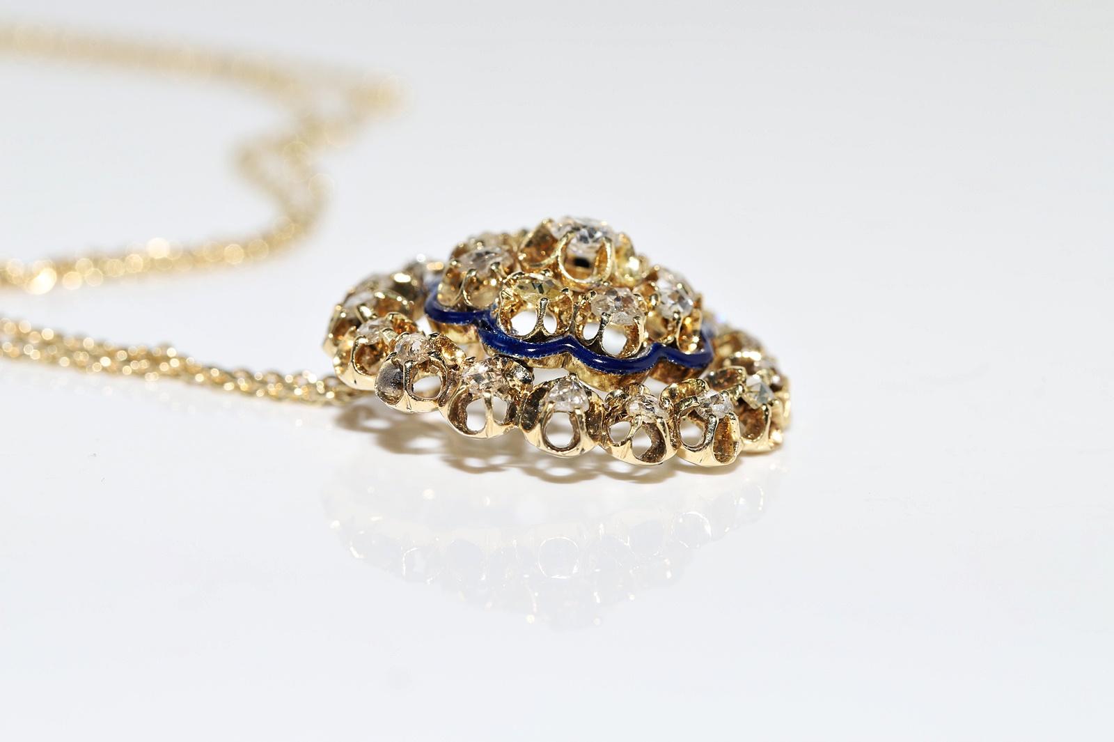 Antique Circa 1900s 18k Gold Natural Diamond And Enamel Pendant Necklace For Sale 2