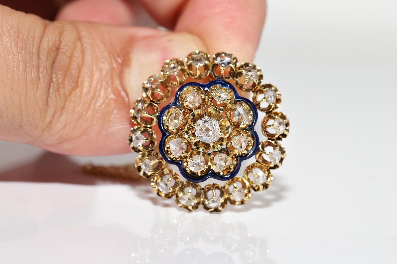 Antique Circa 1900s 18k Gold Natural Diamond And Enamel Pendant Necklace For Sale 3