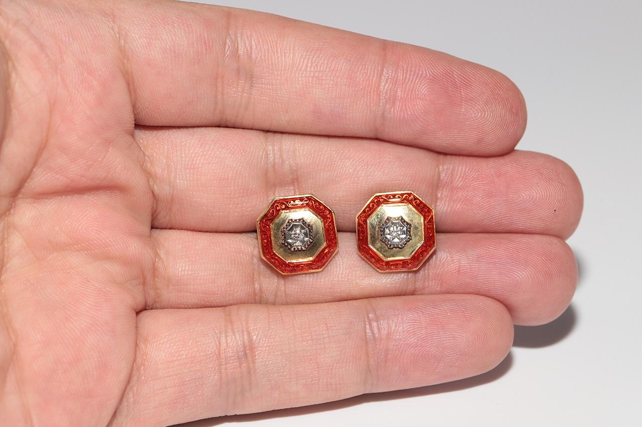 Antique des années 1900, or 18 carats, diamant naturel et émail  Boucle d'oreille solitaire en vente 5