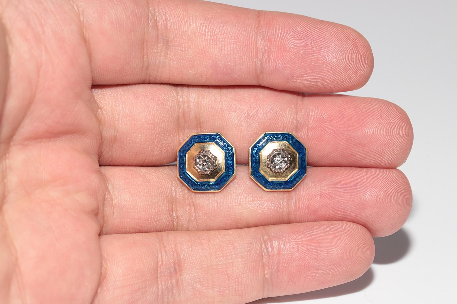 Boucles d'oreilles solitaires anciennes des années 1900 en or 18 carats, diamants naturels et émail en vente 5