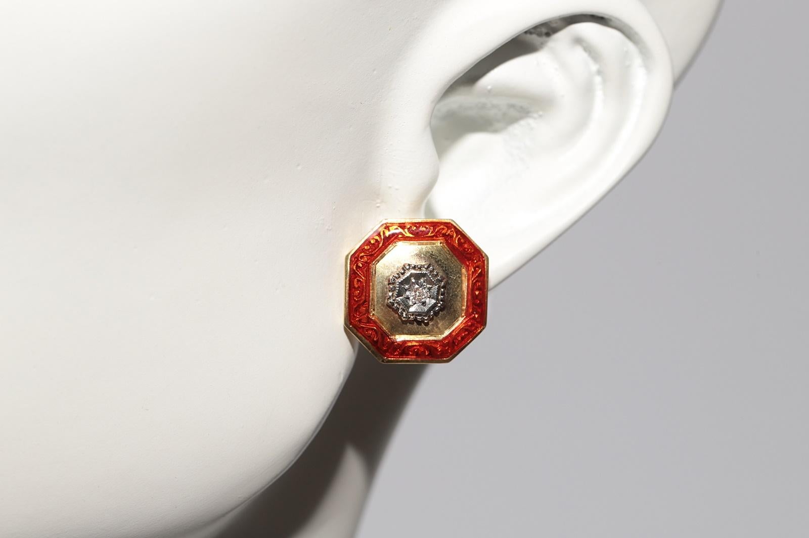 Antique des années 1900, or 18 carats, diamant naturel et émail  Boucle d'oreille solitaire en vente 6