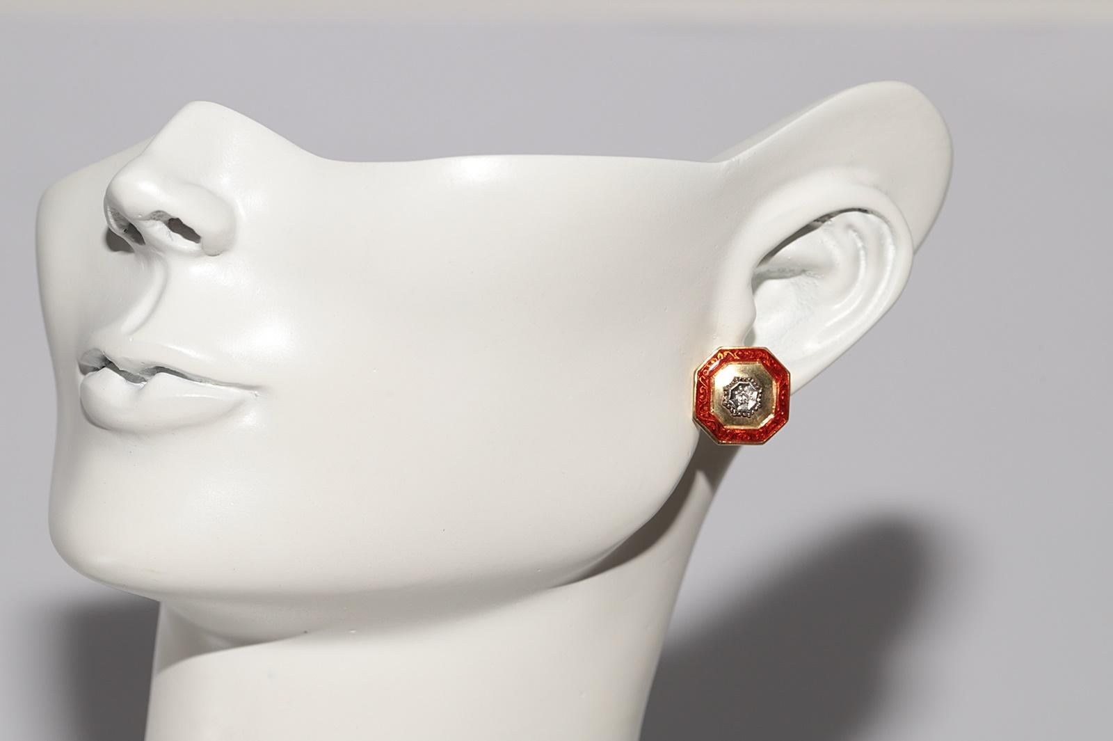 Antique des années 1900, or 18 carats, diamant naturel et émail  Boucle d'oreille solitaire en vente 7