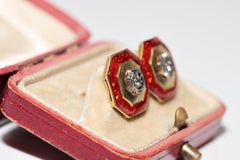 Antique Circa 1900s 18k Gold Natural Diamond And Enamel  Solitaire Earring