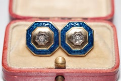 Antique Circa 1900s 18k Gold Natural Diamond And Enamel Solitaire Earring