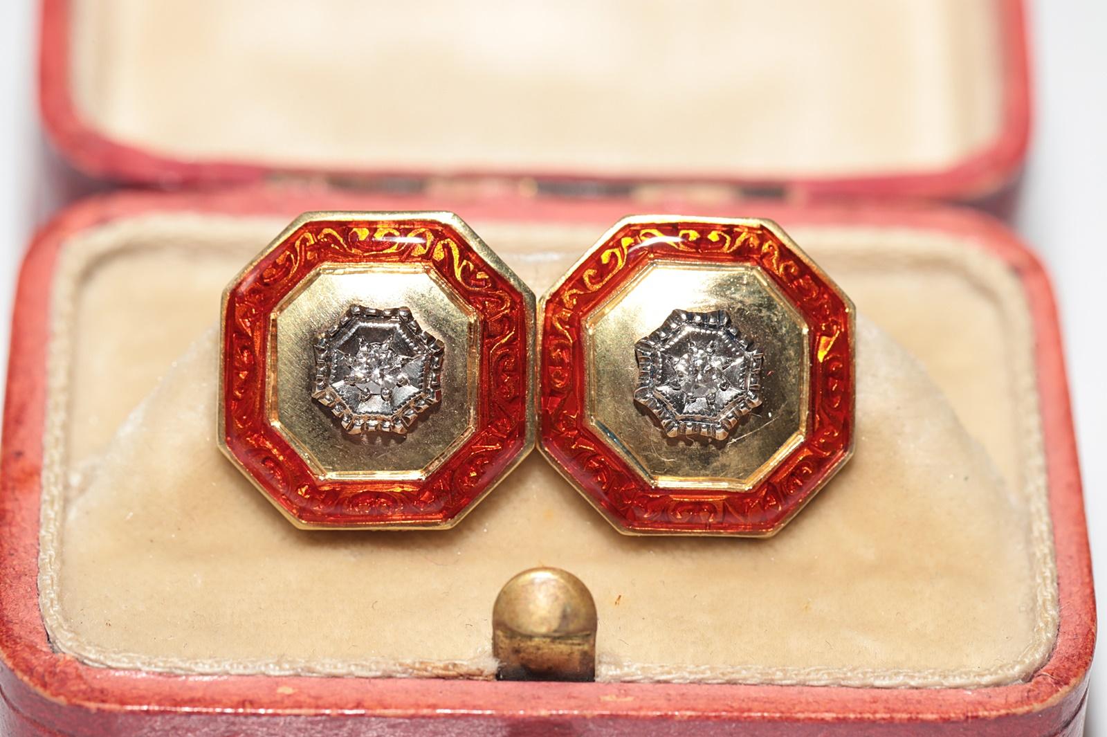 Victorien Antique des années 1900, or 18 carats, diamant naturel et émail  Boucle d'oreille solitaire en vente