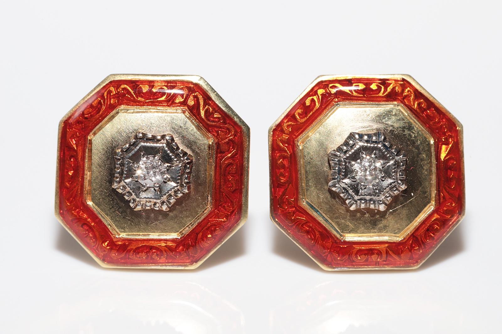 Taille brillant Antique des années 1900, or 18 carats, diamant naturel et émail  Boucle d'oreille solitaire en vente