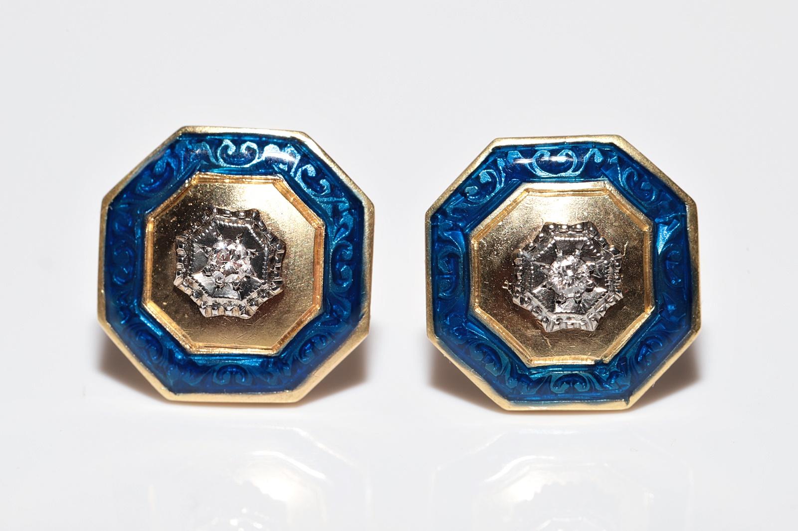Taille brillant Boucles d'oreilles solitaires anciennes des années 1900 en or 18 carats, diamants naturels et émail en vente