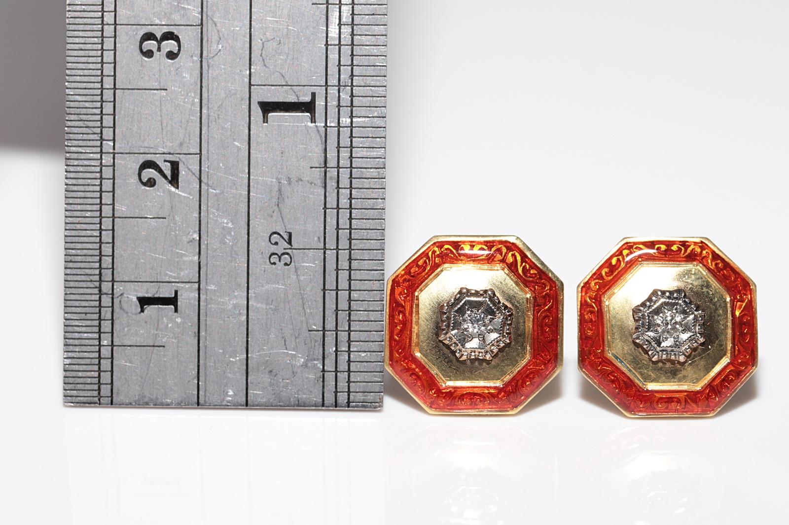 Antique des années 1900, or 18 carats, diamant naturel et émail  Boucle d'oreille solitaire Bon état - En vente à Fatih/İstanbul, 34