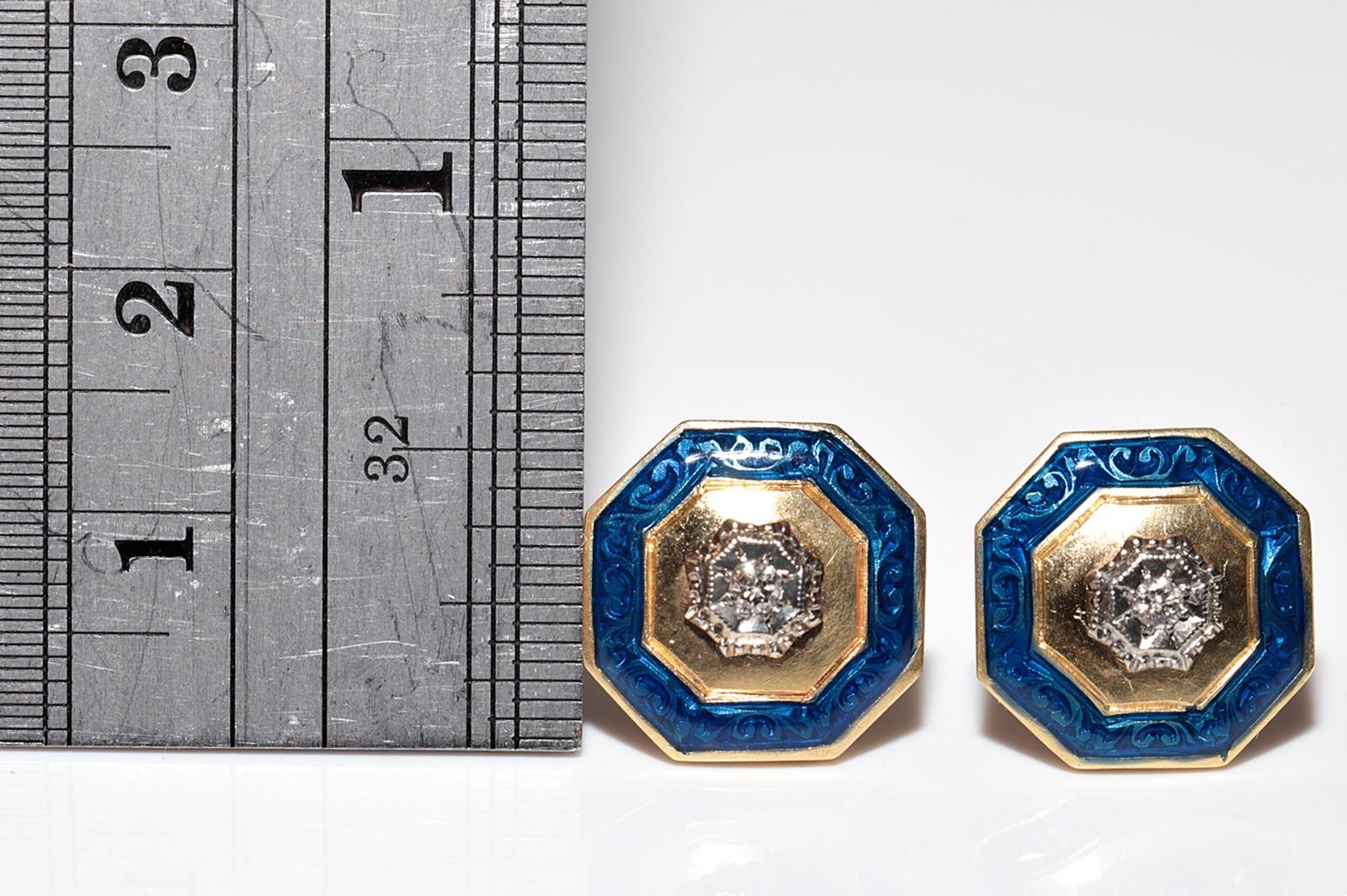 Boucles d'oreilles solitaires anciennes des années 1900 en or 18 carats, diamants naturels et émail Bon état - En vente à Fatih/İstanbul, 34