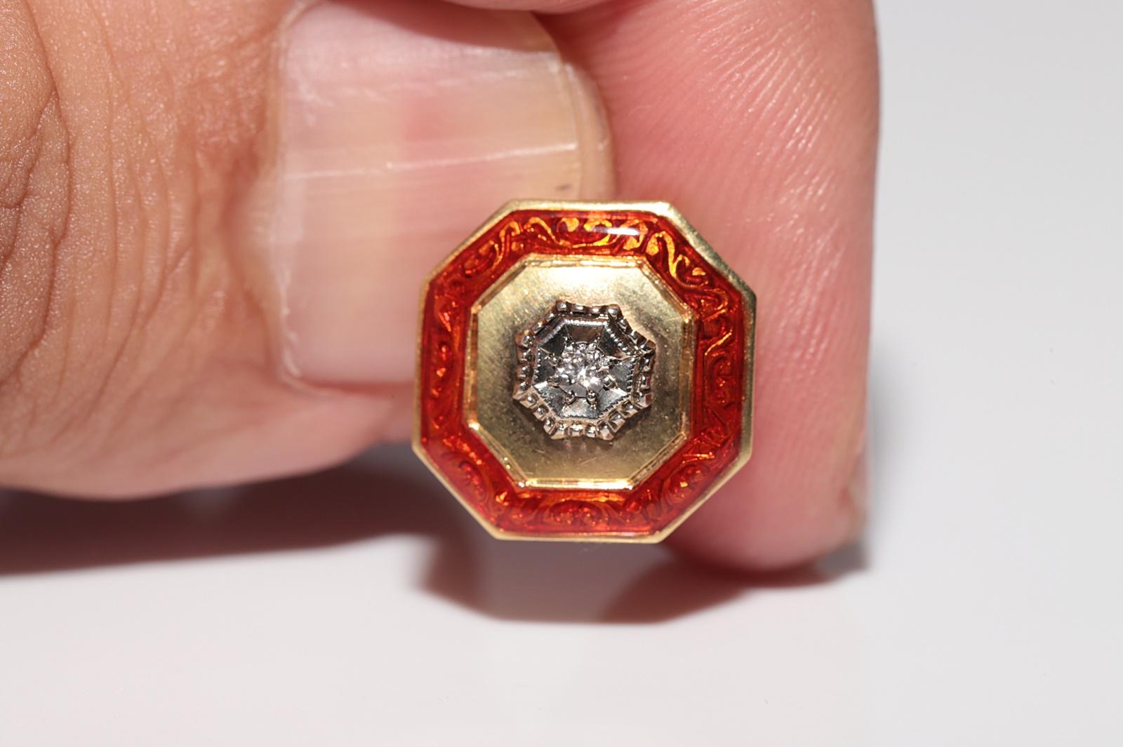 Antique des années 1900, or 18 carats, diamant naturel et émail  Boucle d'oreille solitaire Pour femmes en vente