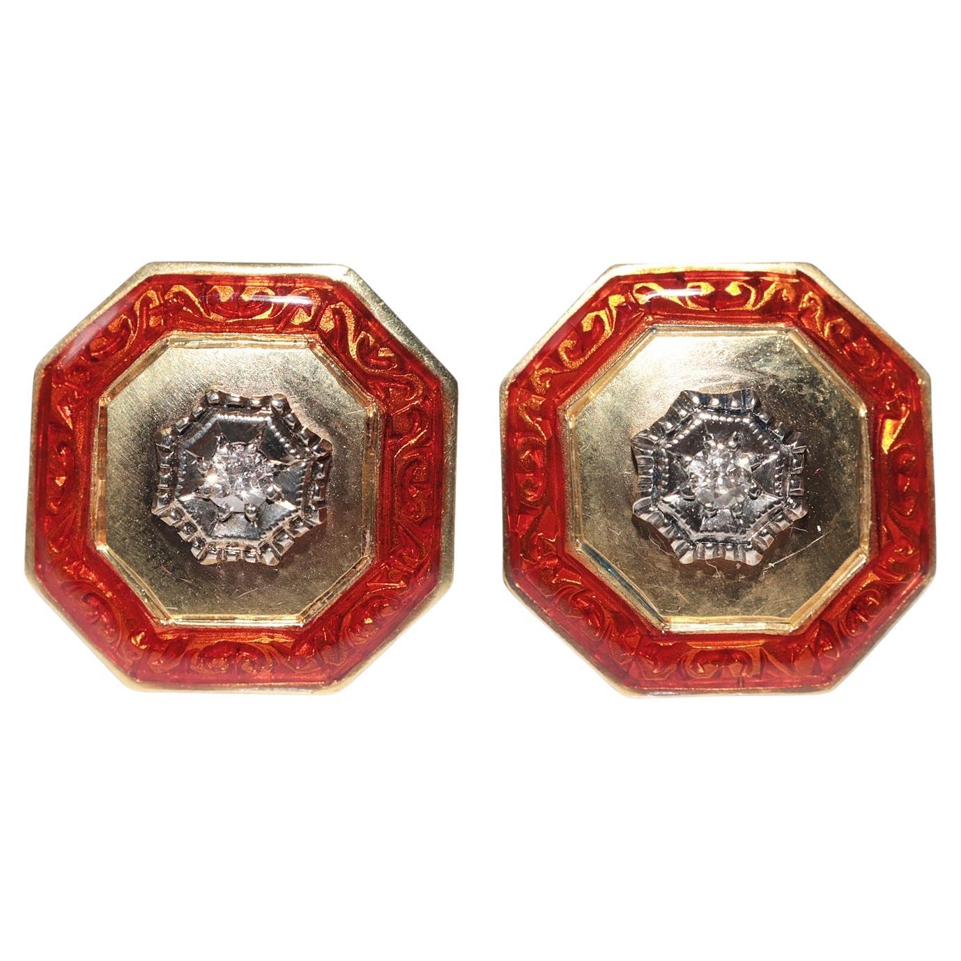 Antique Circa 1900s 18k Gold Natural Diamond And Enamel  Solitaire Earring