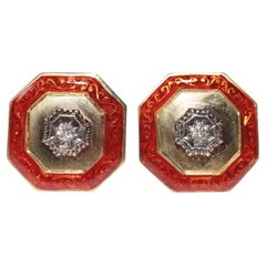 Antique des années 1900, or 18 carats, diamant naturel et émail  Boucle d'oreille solitaire