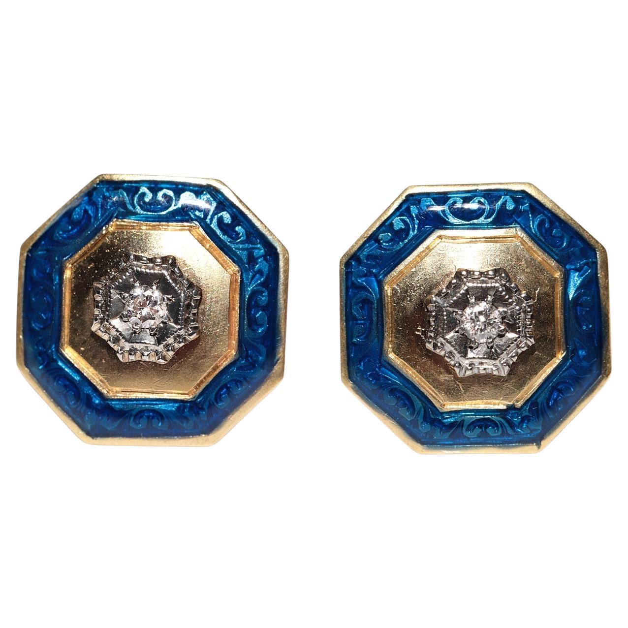 Antique Circa 1900s 18k Gold Natural Diamond And Enamel Solitaire Earring