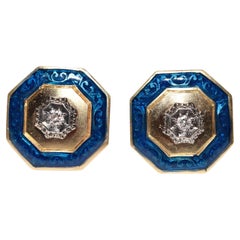 Boucles d'oreilles solitaires anciennes des années 1900 en or 18 carats, diamants naturels et émail