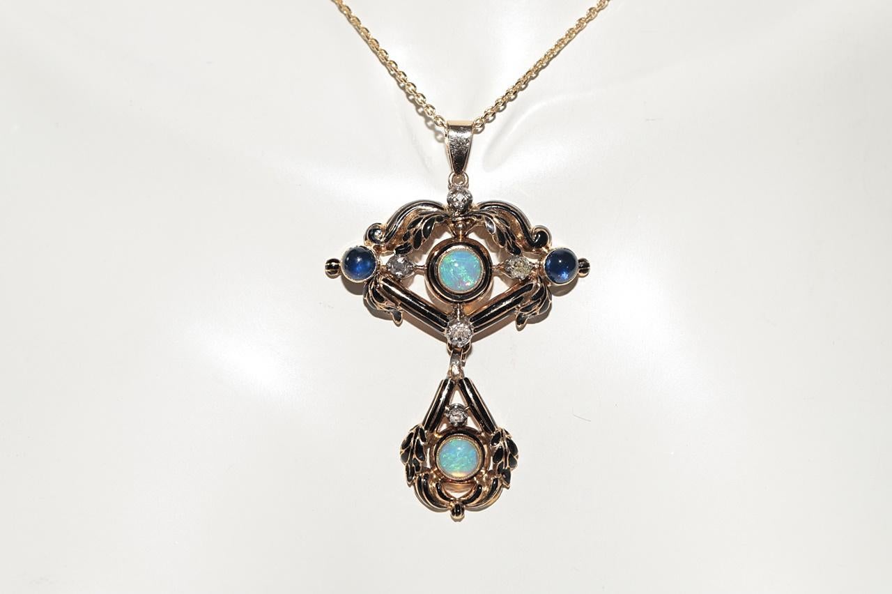 Taglio vecchia miniera Antique Circa 1900s 18k Gold Natural Diamond And Opal And Sapphire Necklace in vendita