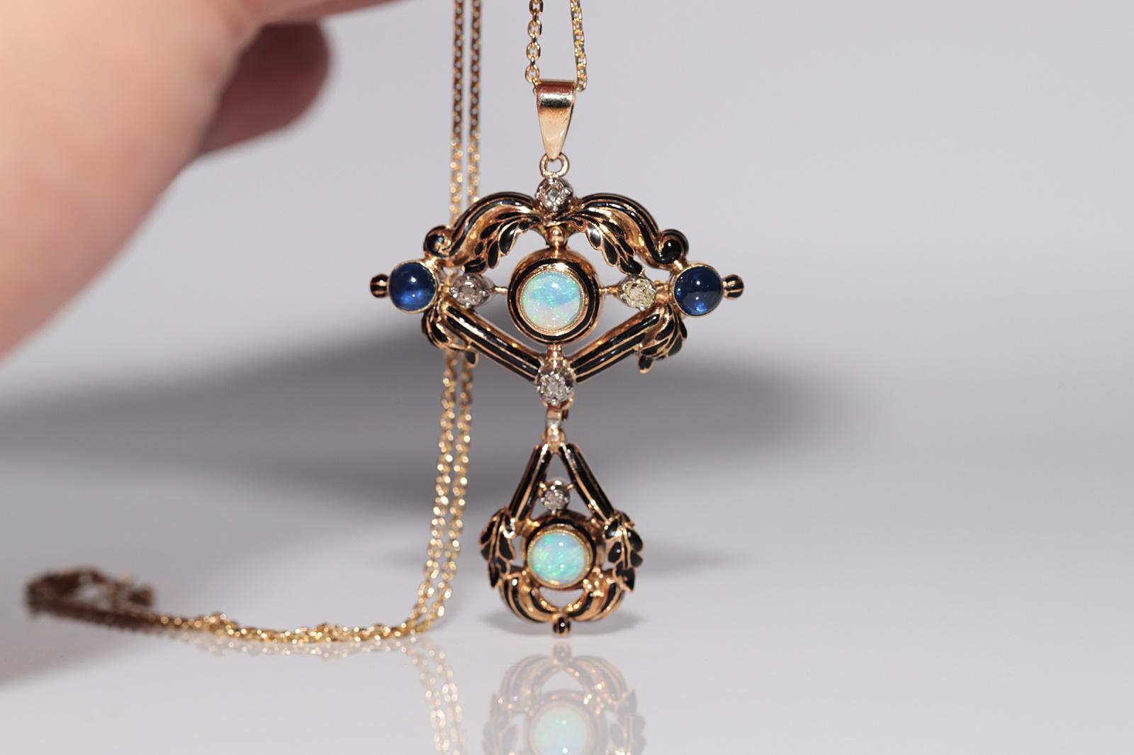 Antique Circa 1900s 18k Gold Natural Diamond And Opal And Sapphire Necklace in vendita 2