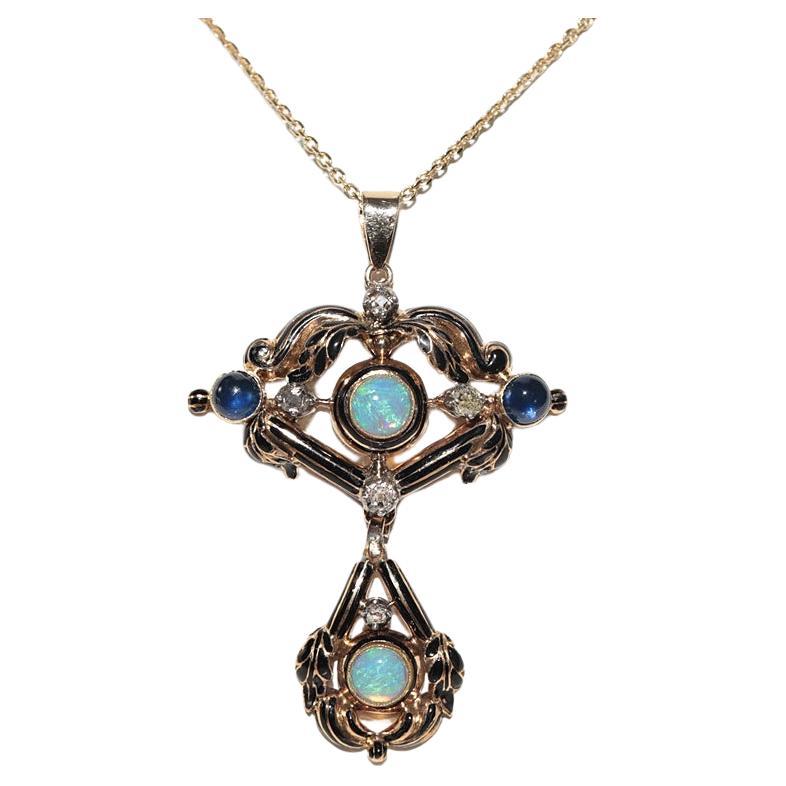 Antique Circa 1900s 18k Gold Natural Diamond And Opal And Sapphire Necklace