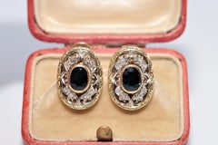 Antique Circa 1900s 18k Gold Natural Diamond And Oval Sapphire Stud Earring