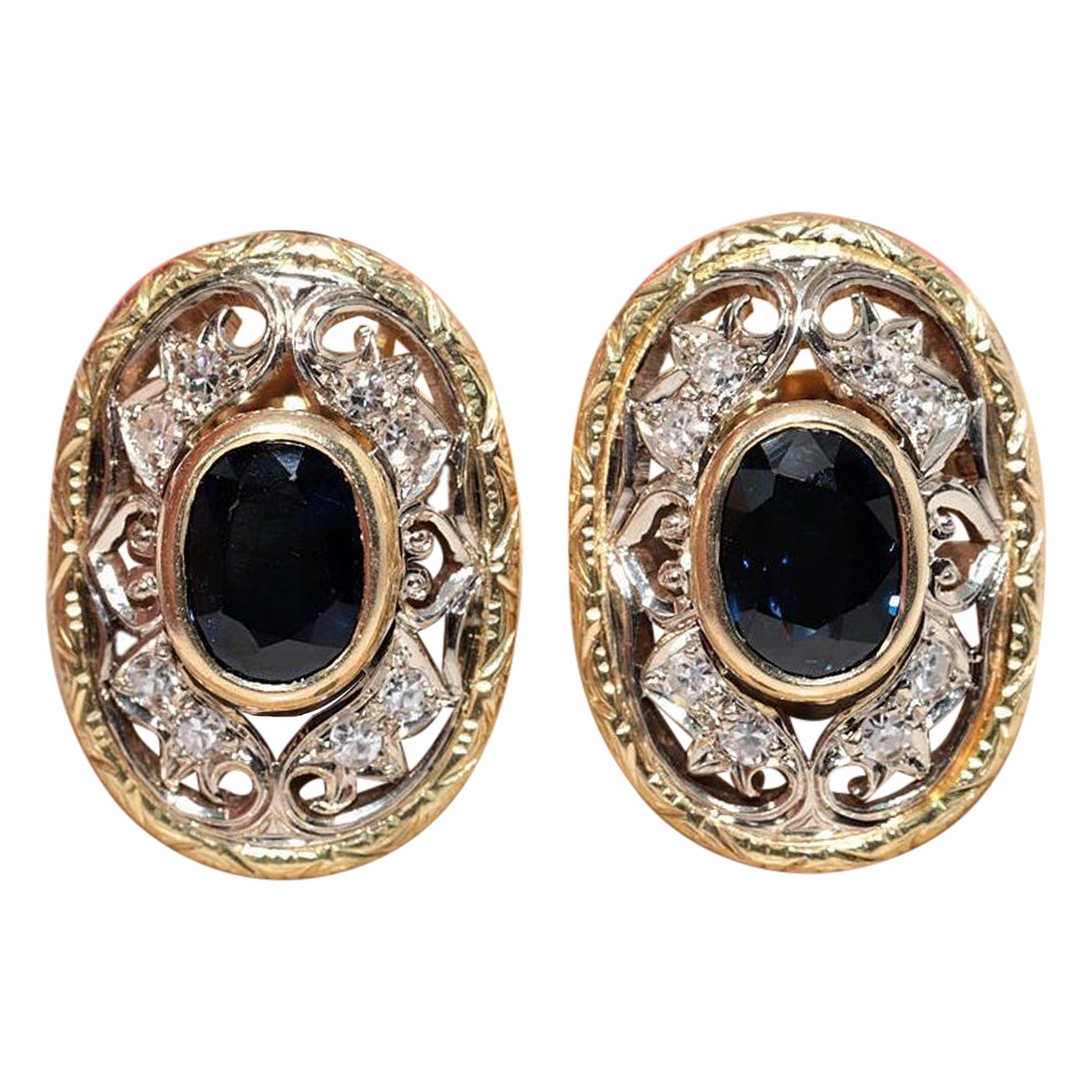 Pendiente de oro de 18 quilates con diamante natural y zafiro ovalado, antiguo circa 1900 en venta