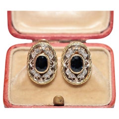 Antique Circa 1900s 18k Gold Natural Diamond And Oval Sapphire Stud Earring