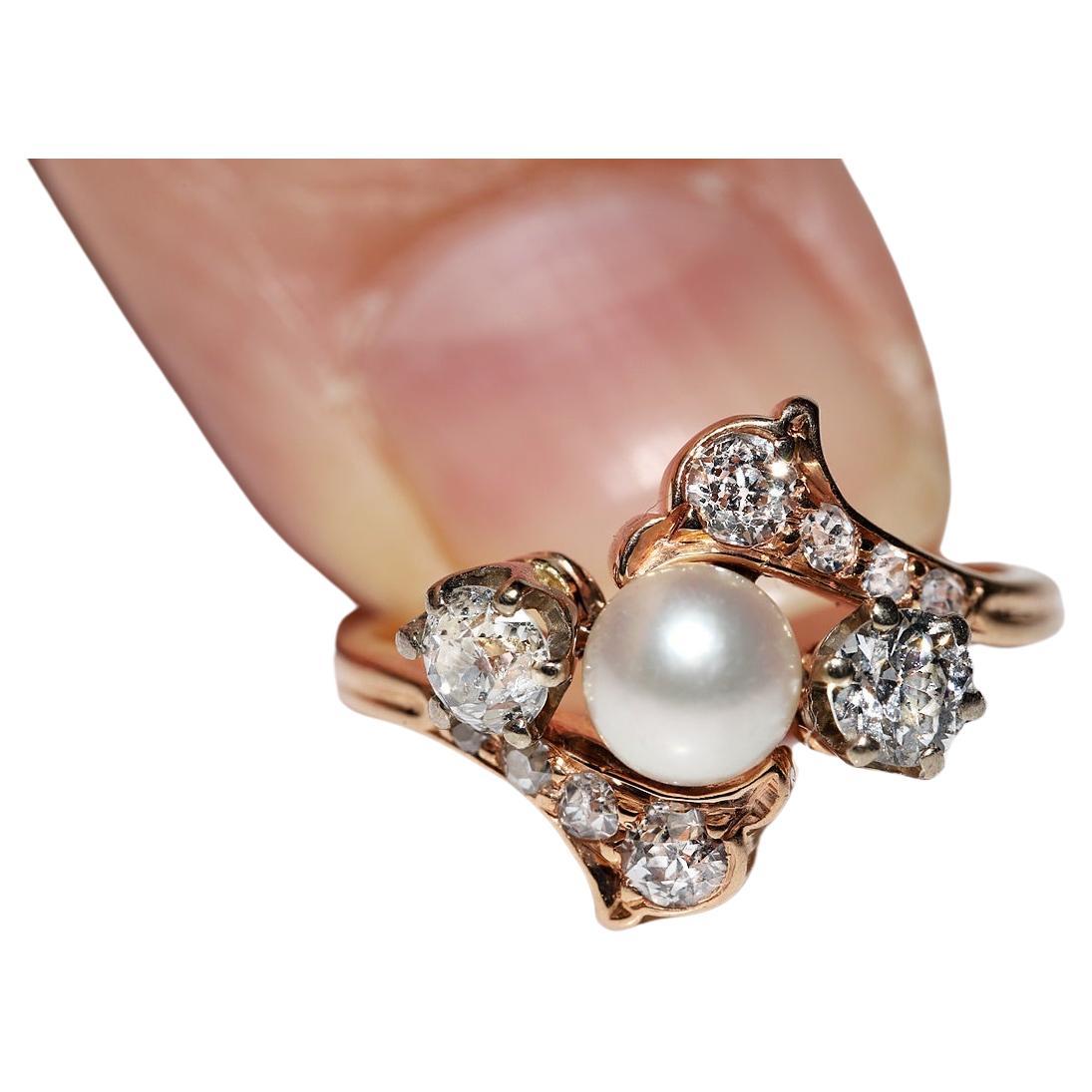 Antiker Ring aus 18 Karat Gold mit natürlichem Diamanten und Perlen, um 1900er Jahre, dekoriert  im Angebot