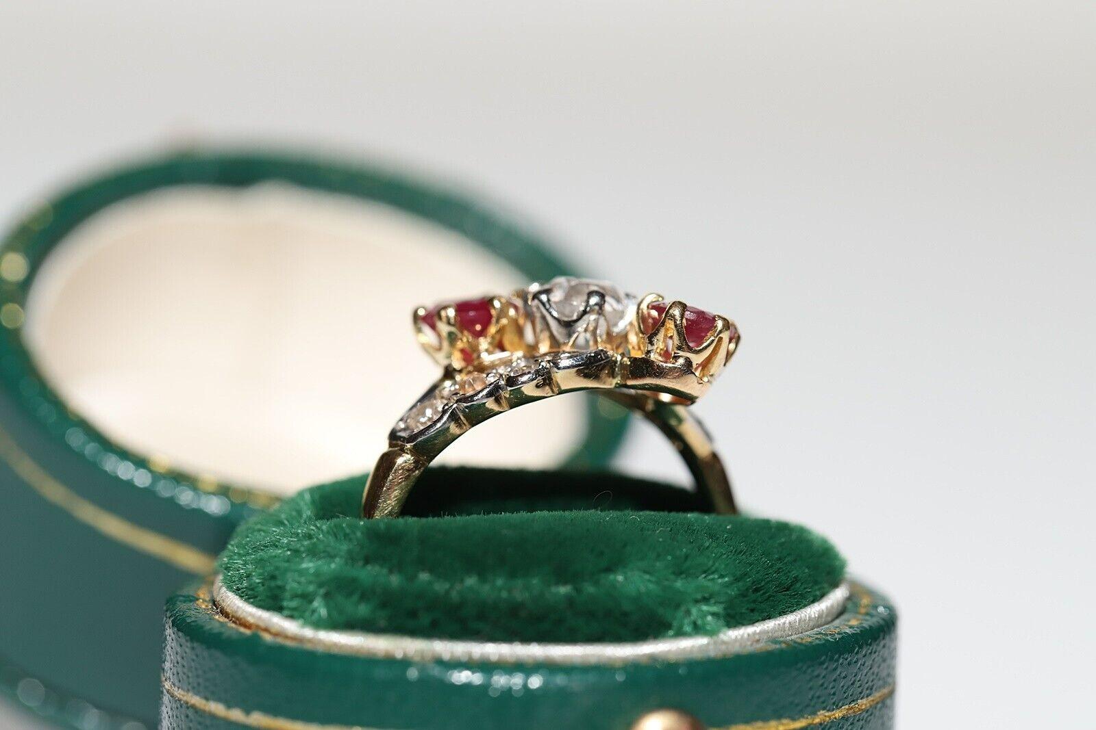 Old Mine Cut Antique Circa 1900s 18k Gold Natural Diamond And Ruby Decorated Ring For Sale