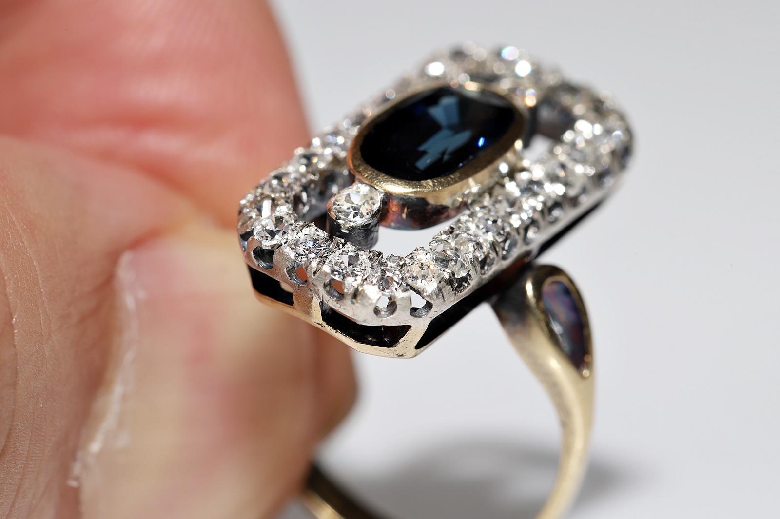 Old Mine Cut Antique Circa 1900s 18k Gold Top Silver  Natural Diamond And Sapphire  Ring For Sale