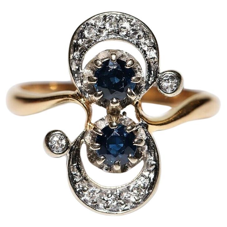 Antiguo anillo decorado con diamantes naturales y zafiros en oro de 18 quilates de la década de 1900