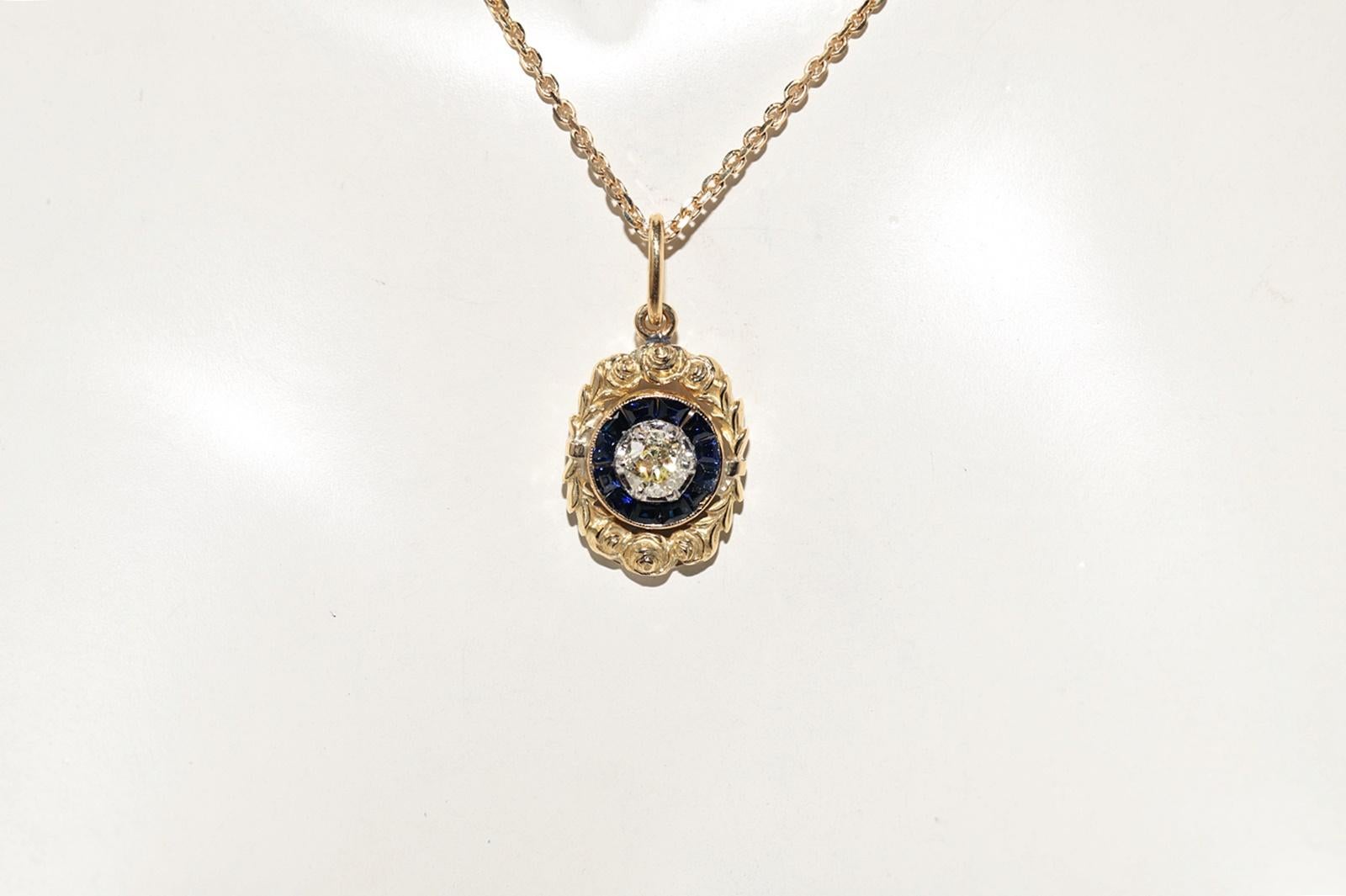 Taglio vecchia miniera Collana con ciondolo in oro 18 carati con diamanti naturali e zaffiri, antica CIRCA 1900 in vendita