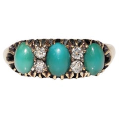 Antique Circa 1900s 18k Gold Natural Diamond And Turquoise Band Ring 
