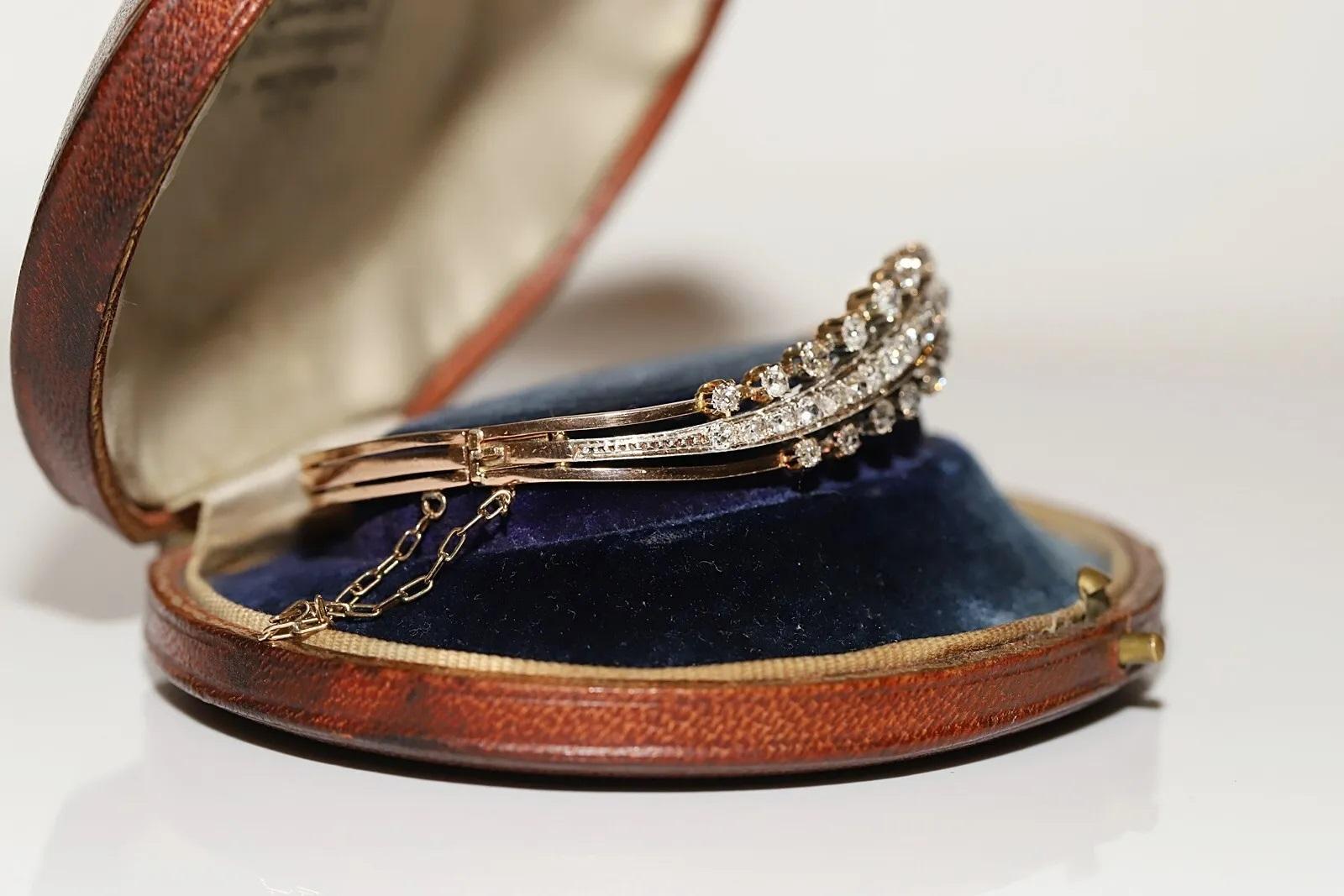 Brilliant Cut Antique Circa 1900s 18k Gold Natural Diamond Decorated Bangle Bracelet  For Sale