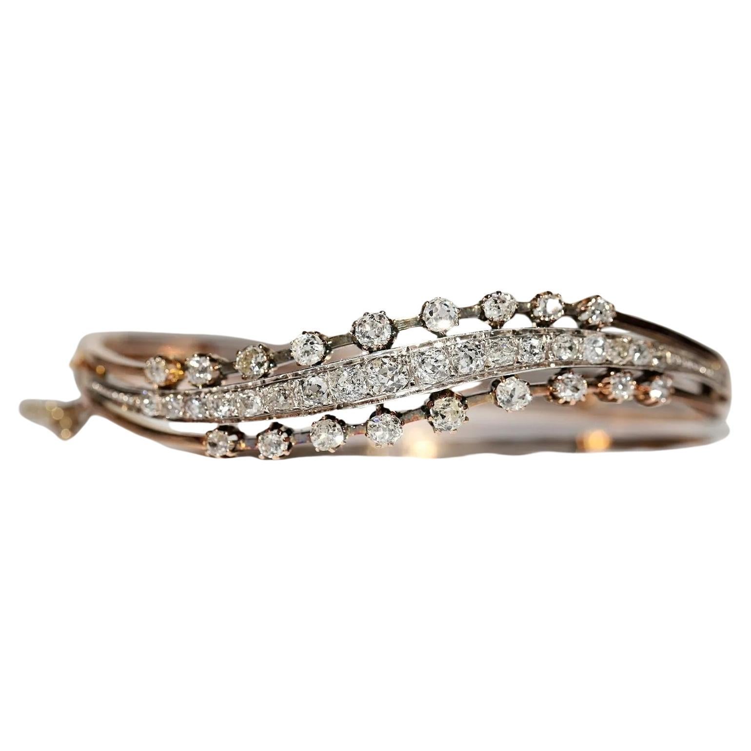 Antique Circa 1900s 18k Gold Natural Diamond Decorated Bangle Bracelet 