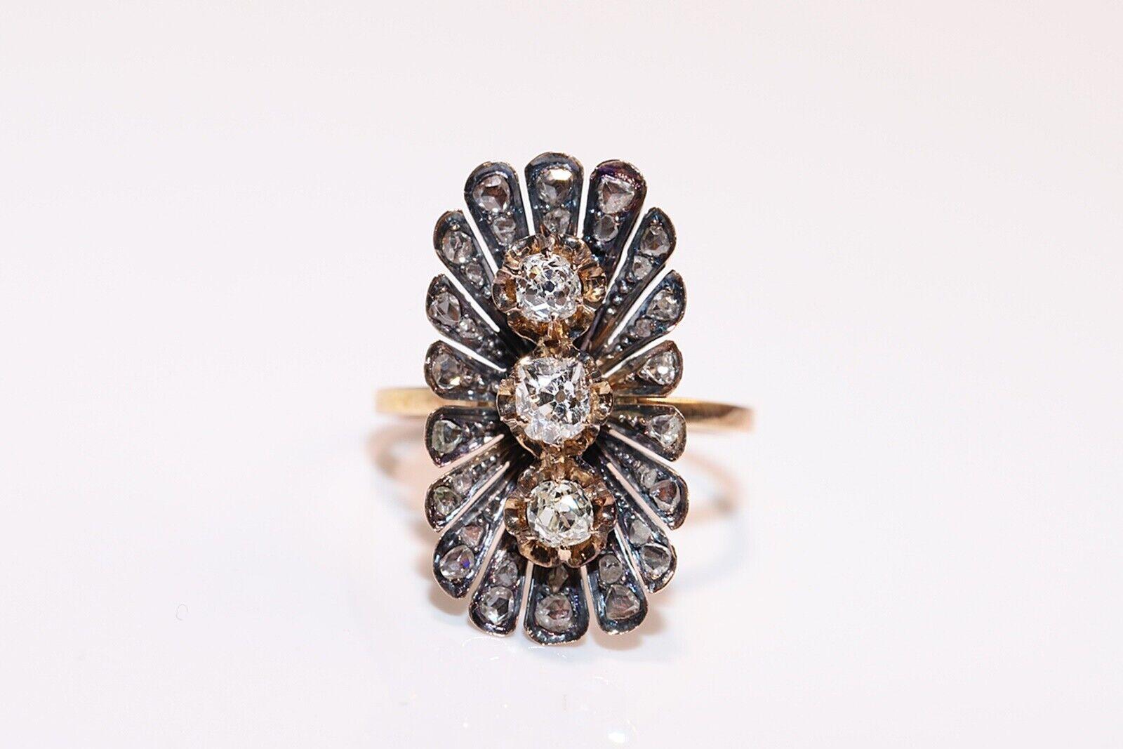 Old Mine Cut Antique Circa 1900s 18k Gold Natural Diamond Decorated Navette Ring  For Sale