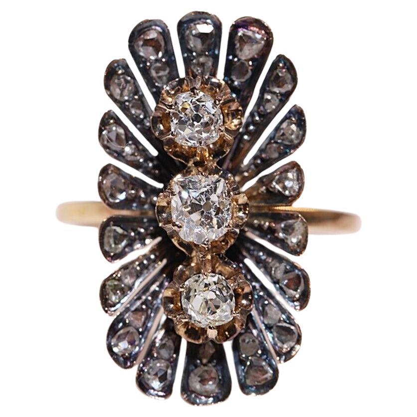 Antique Circa 1900s 18k Gold Natural Diamond Decorated Navette Ring  For Sale