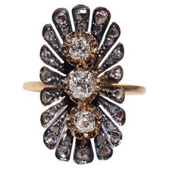 Antique Circa 1900s 18k Gold Natural Diamond Decorated Navette Ring 