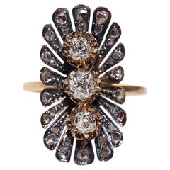 Antique Circa 1900s 18k Gold Natural Diamond Decorated Navette Ring
