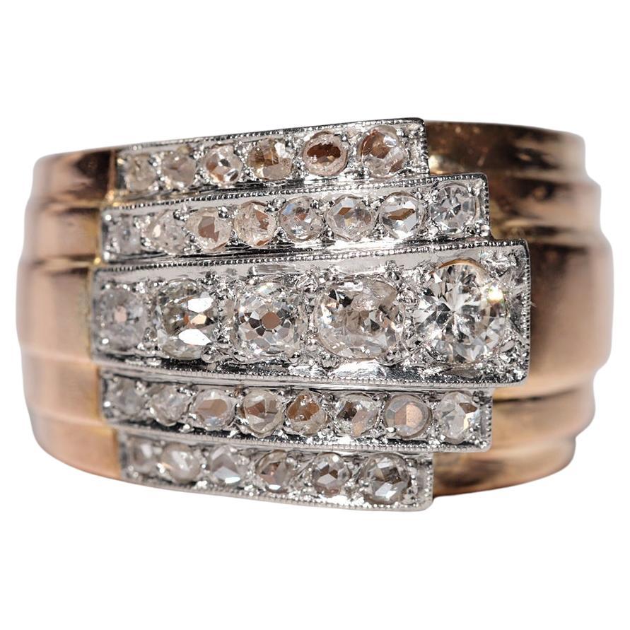 Antiguo Circa 1900s 18k Oro Diamante Natural Decorado Anillo Tanque Fuerte