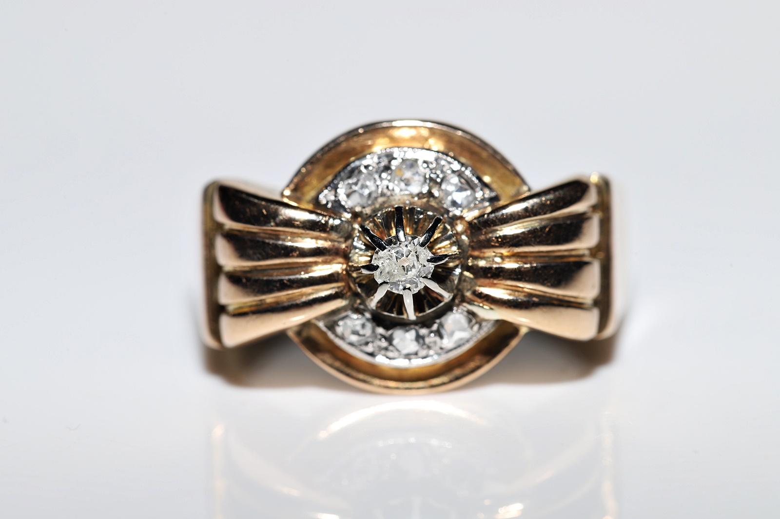 Rose Cut Antique Circa 1900s 18k Gold Natural Diamond Decorated Tank Ring  For Sale