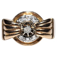 Antique Circa 1900s 18k Gold Natural Diamond Decorated Tank Ring 