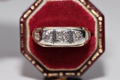 Antique Circa 1900s 18k Gold Natural Diamond Decorated Three Stone Band Ring