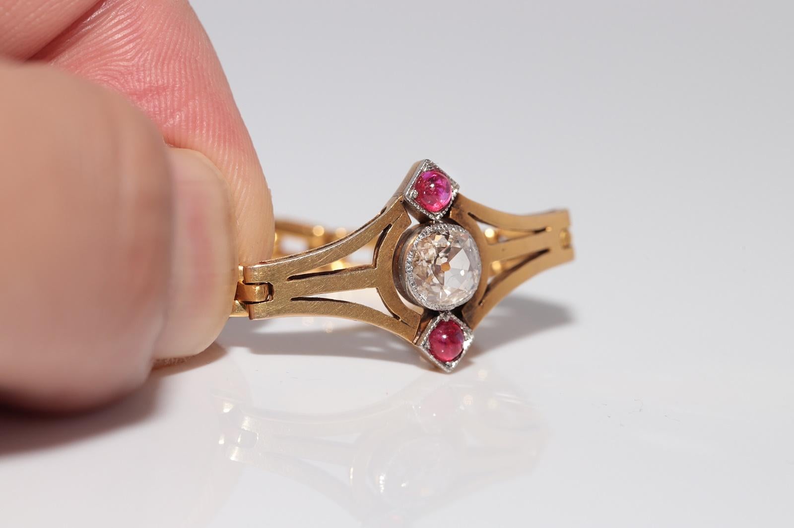 Bracelet ancien en or 18 carats, diamant naturel taille ancienne et rubis cabochon, datant des années 1900 Bon état - En vente à Fatih/İstanbul, 34