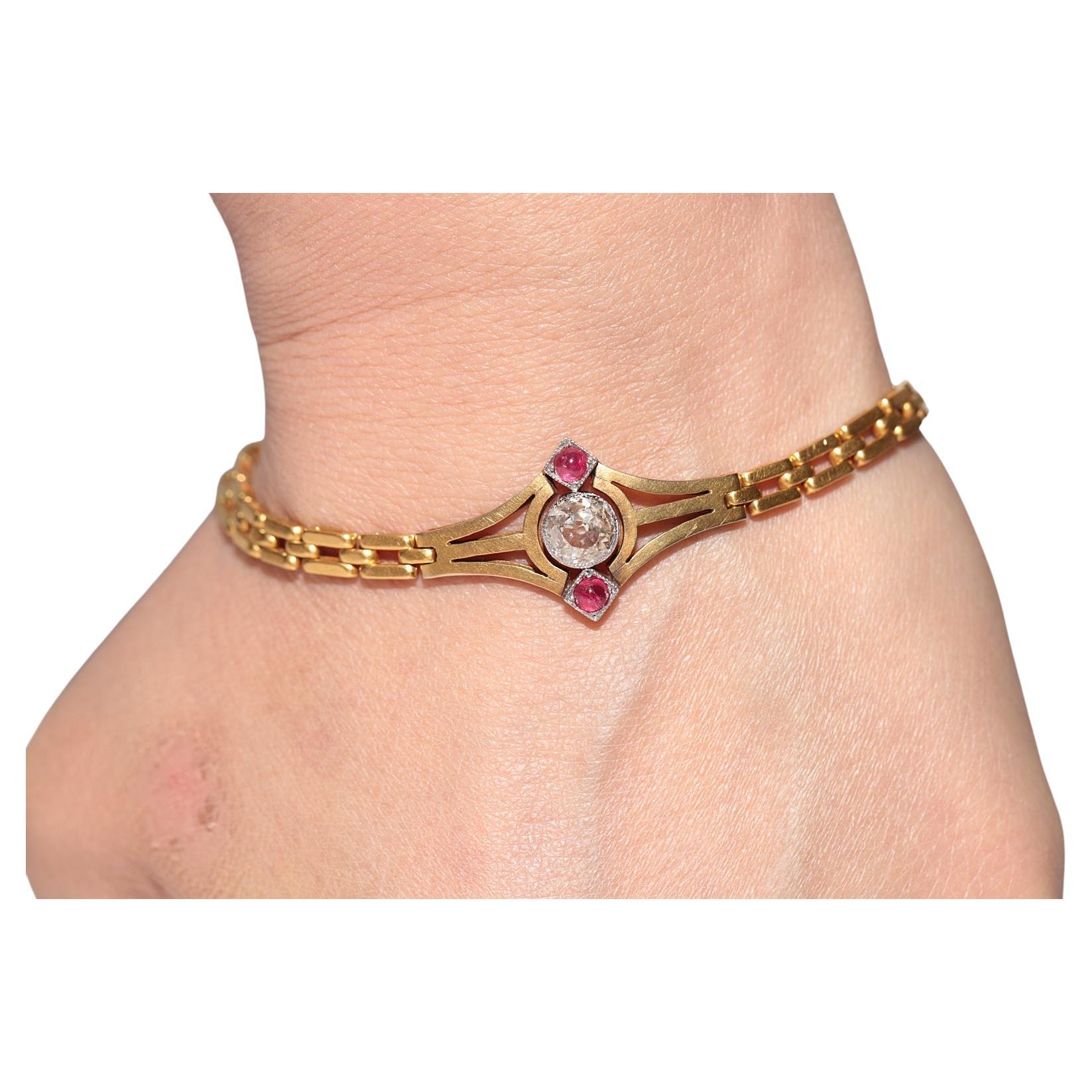 Antique Circa 1900s 18k Gold Natural Old Cut Diamond And Cabochon Ruby Bracelet