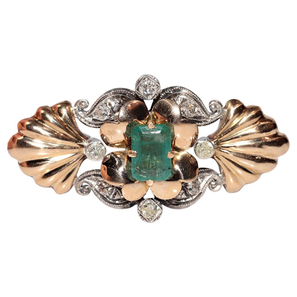 Broche ancienne des années 1900 en or 18 carats avec diamants naturels taille ancienne et émeraudes