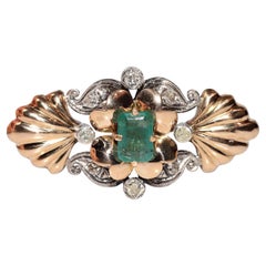 Broche ancienne des années 1900 en or 18 carats avec diamants naturels taille ancienne et émeraudes
