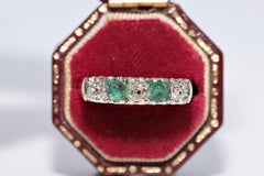 Bague ancienne en or 18k Circa 1900, diamant naturel taille ancienne et émeraude