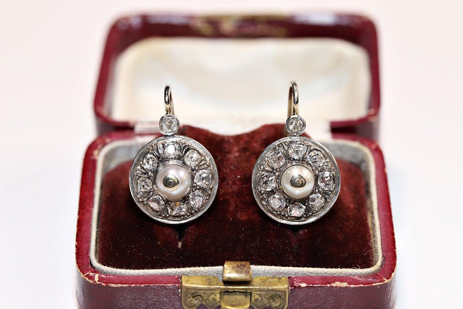 Boucles d'oreilles anciennes des années 1900 en or 18 carats, diamants naturels taille ancienne et perles en vente 5