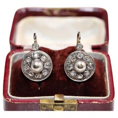 Antique Circa 1900s 18k Gold Natural Old Cut Diamond And Pearl Earring