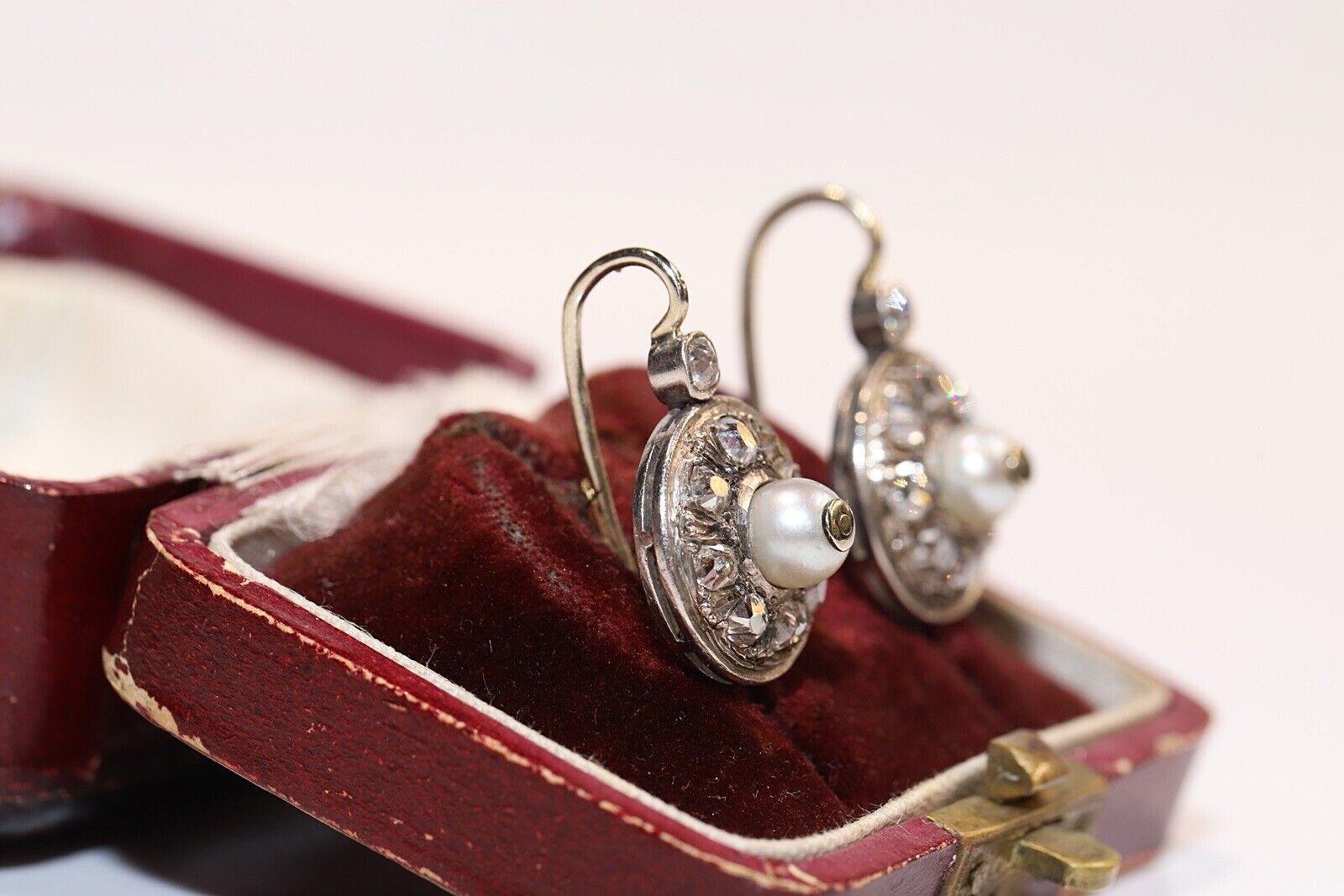 Old Mine Cut Antique Circa 1900s 18k Gold Natural Old Cut Diamond And Pearl Earring  For Sale
